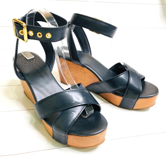 Tory Burch Shoes - Tory Burch Almita Midnight Blue Wood Wedge Platform Strappy Sandal 9
